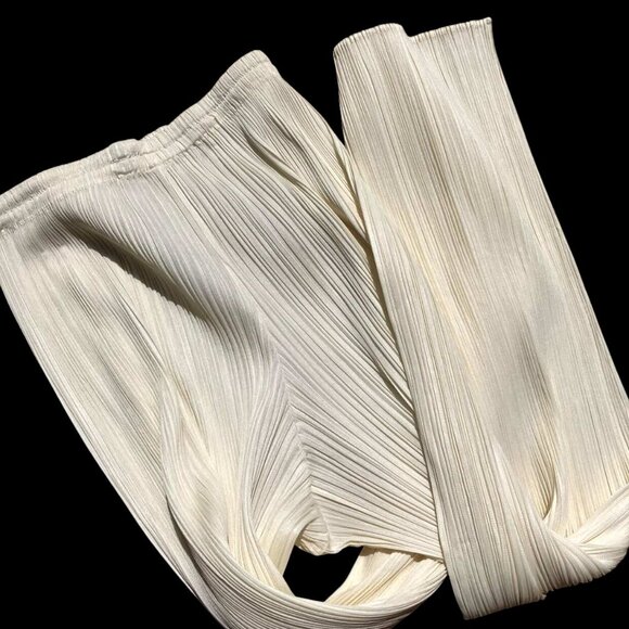 PLEATS PLEASE Issey Miyake Pleated Cream Yellow Ivory Pants Trousers Size 2 M L - Picture 6 of 8